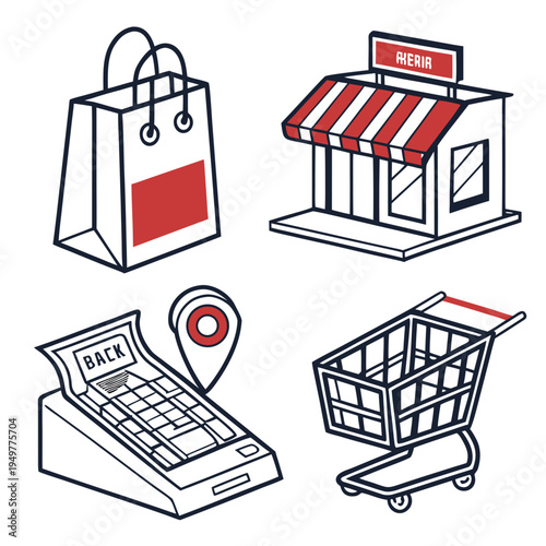 Shopping with bag, store, cart, and terminal