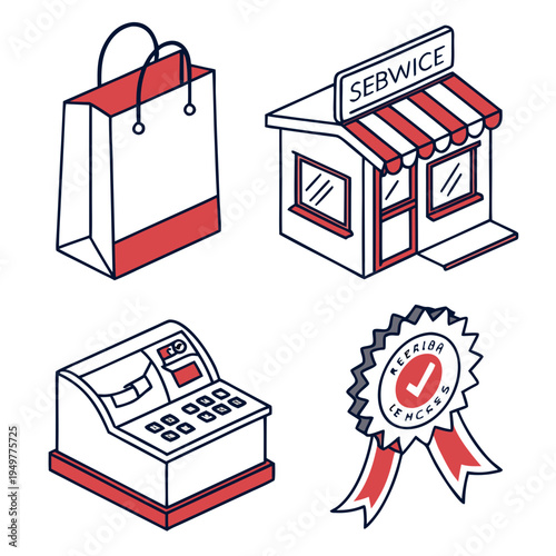 Red and white shopping including a storefront and cash register shopping bag license