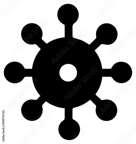 Abstract digital representation of a central core with radiating spokes and circular nodes symbolizing network connection data flow or threat intelligence analysis in a clean