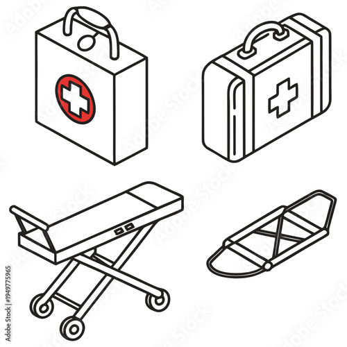 Medical equipment including stretcher and first aid kit healthcare symbols