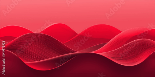 Red hearts on a red background with artistic pink waves and silk flow texture creating an abstract pattern for a decorative backdrop vector design