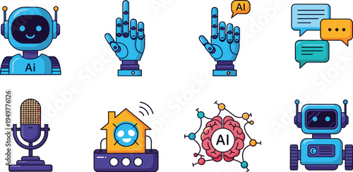 Artificial Intelligence Robot and Automation Icon Collection Featuring AI Chatbot, Robotic Hand Gesture, Smart Home Assistant, Neural Brain Network and Microphone