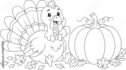 Cute Thanksgiving Turkey with Pumpkin  Kids Coloring Book Line Art Illustration
