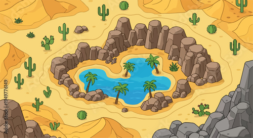 Cartoon Desert Oasis with Palm Trees and Cacti Vector Illustration