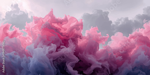 Vibrant sun rising over snowy mountain peaks and a misty forest under a vintage blue sky with soft white clouds and abstract light textures