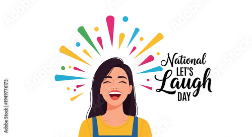 Illustration of a joyful woman laughing on National Let's Laugh Day with colorful explosion, conveying happiness and humor in a vibrant, celebratory scene.