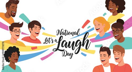 Illustration of diverse people laughing together on National Let's Laugh Day with colorful design elements and joyful expressions.