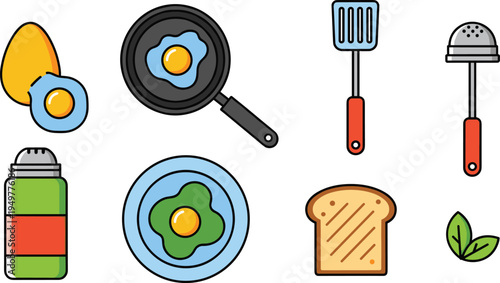 Breakfast Cooking and Kitchen Utensil Icon Collection Featuring Fried Eggs, Frying Pan, Spatula, Toast Bread, Oil Bottle and Cooking Tools