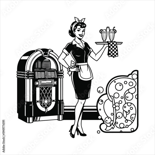 Vintage Diner Waitress with Milkshakes and Jukebox – Retro 1950s Pin Up Style Black and White Vector Illustration