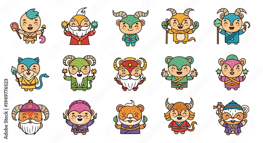 Obraz premium Cartoon animal icon set with cat bear dog lion tiger elephant rabbit pig in vector illustration style for kids zoo seamless pattern design