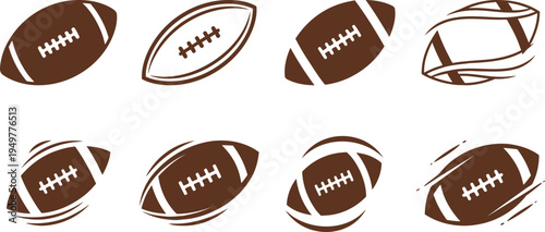 Set of eight brown American football and rugby vector icons with dynamic motion lines, perfect for sports tournament logos on a transparent background.