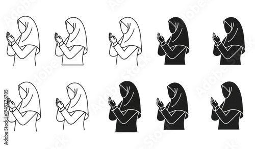 A set of minimalist illustrations of women wearing hijabs in various line art styles
