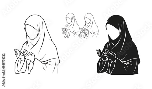 A minimalist vector illustration of a woman in a hijab praying in different styles