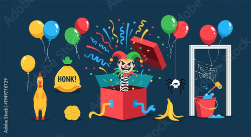 Surprised clown jumping out of a colorful gift box with balloons and confetti on a dark background