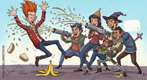 Cartoon people throwing food and getting hit with various items in a chaotic messy scene