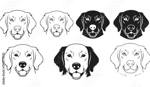 A set of eight black and white dog head illustrations in various line art styles