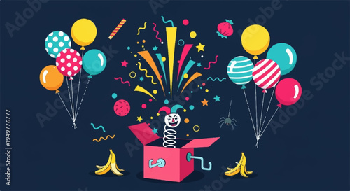 Surprise party celebration with colorful balloons and confetti exploding from a pink gift box on dark background