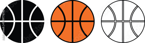Set of three basketball vector icons featuring a solid black silhouette, a flat orange color, and a clean outline design on a transparent background.