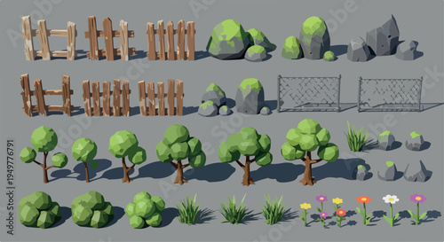 Low Poly Game Assets Set with Fences, Trees, Bushes, Rocks, and Flowers