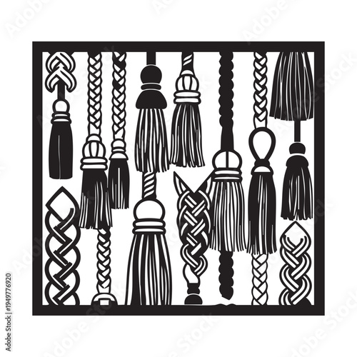 A black and white graphic illustration featuring various decorative tassels and braided rope designs