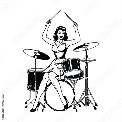 Vintage Pin Up Girl Playing Drum Set – Retro 1950s Musician Black and White Vector Illustration
