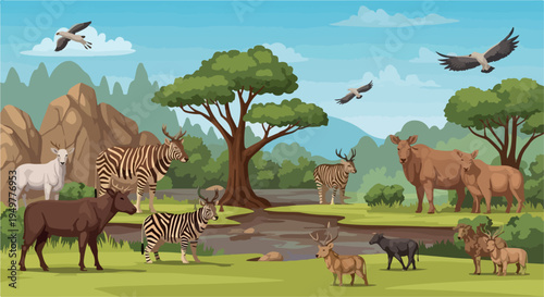 Cartoon African Safari Landscape with Various Wild Animals Vector Illustration