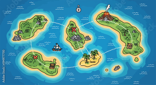 Cartoon Treasure Island Map with Pirate Ship and Volcano