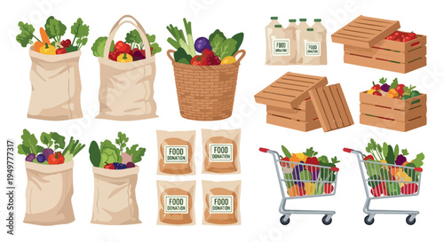 Set of Fresh Produce Groceries in Eco-Friendly Bags, Baskets, and Shopping Carts Vector Illustration