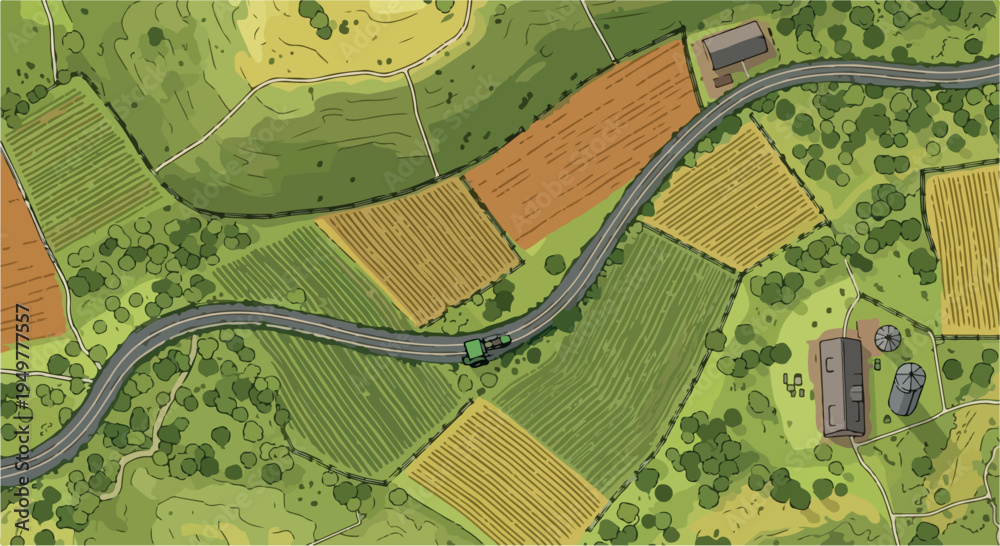 Fototapeta premium Aerial View Countryside Road with Green Fields and Farmland Vector Illustration