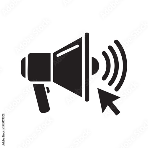 A black silhouette icon of a megaphone with a cursor arrow pointing towards it on white background