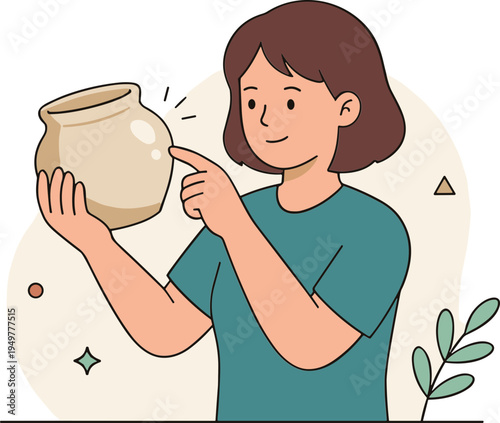 Woman holds and examines a ceramic pot with a smile