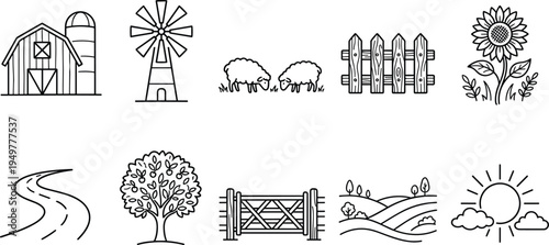Farm outline icon set, countryside elements including barn, windmill, fence, sunflower, road, tree, landscape, rural agriculture vector line illustration