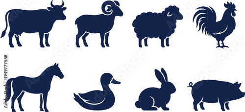 Farm animal silhouette collection, cow, ram, sheep, rooster, horse, duck, rabbit, pig icons, livestock farming vector illustration set