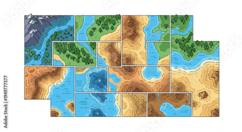 Top-down view of a modular fantasy map game board with mountains, rivers, forests, and desert tiles