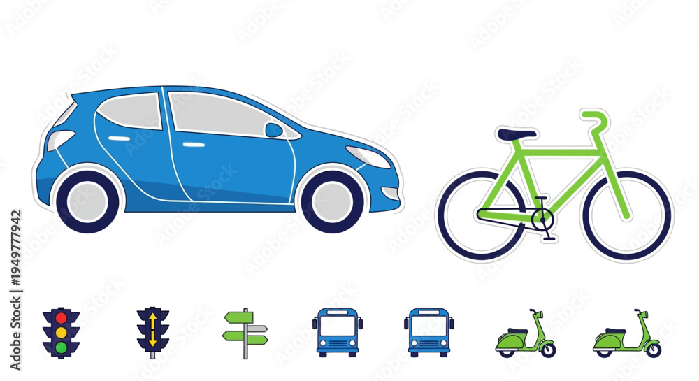 Fototapeta premium Set of vector transportation icons featuring cars, buses, trucks, SUVs and other vehicles in a simple cartoon silhouette design for transport and traffic themes