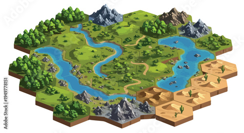 Isometric Fantasy World Map with Rivers, Mountains, Forests, and Desert Hex Tiles