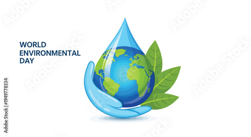 Vector illustration of Earth with leaves and water drop for World Environment Day