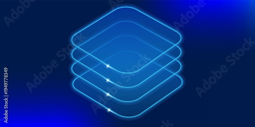 Abstract vertical glass blocks symbolizing scalable digital systems, AI architecture and data growth. Futuristic blue technology background with transparent shapes, minimal design and copy space.