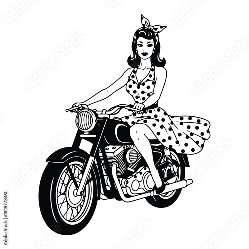 Vintage Pin Up Girl Riding Classic Motorcycle – Retro 1950s Style Black and White Vector Illustration