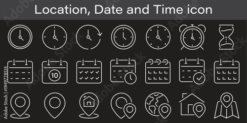 Time and location icons  hourglass  calendar  clock  pin  flag  stopwatch  globe pointer  minimal line style for maps  schedule planner  interface ui pack  vector illustration