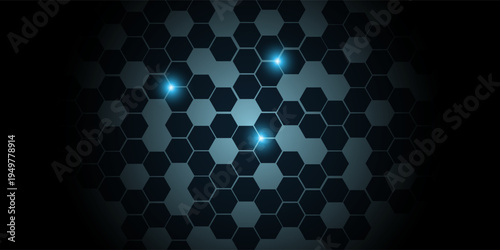 Hexagonal technology dark blue abstract vector background. Blue bright energy flashes under hexagon in honeycomb texture grid.