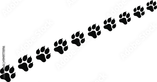 Animal paw prints trail silhouette, dog or cat footprint path, wildlife tracking steps, pet shop and veterinary vector illustration, isolated