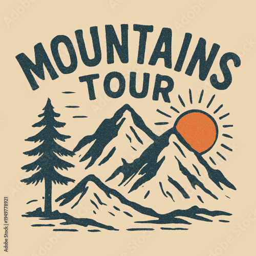 Mountains Tour. Adventure-Themed T-Shirt Design with Sunset and Mountain Illustration. mountain graphics, outdoors, mountain tee shirt graphics, Mountain adventure embrace the wild vector T shirt desi