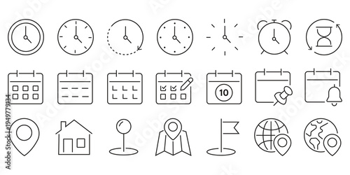 Time, date and address line icons set. calendar, clock, gps point, flag point, globe point Containing hourglass, pin, stopwatch. Editable stroke for mobile and web. Isolated on white background