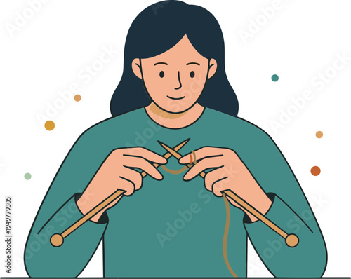 A woman is knitting with colorful yarn and needles indoors happily.