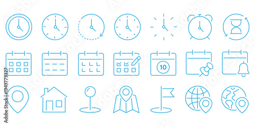 Time, date and address line icons set. calendar, clock, gps point, flag point, globe point Containing hourglass, pin, stopwatch. Editable stroke for mobile and web. Isolated on white background
