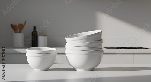 White ceramic bowls stacked on a kitchen countertop in a modern, minimalist kitchen setting. Stacked bowls are arranged attractively, displaying smooth surfaces and clean lines.