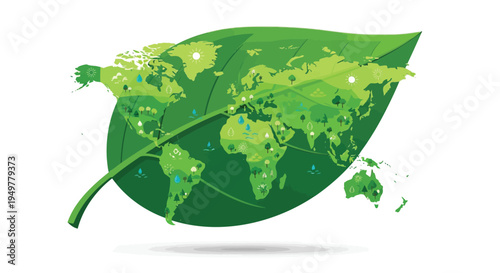 Vector illustration of green leaf with world map