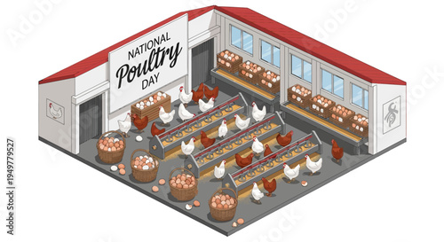 Isometric illustration of a bustling poultry farm on National Poultry Day with chickens and farming equipment inside a large barn with a red roof and white walls.