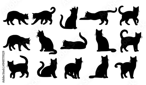 A set of black cat silhouettes in various poses and designs